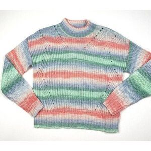 Juniors Sweater Top XS Blue Pink Striped Mock-Neck‎